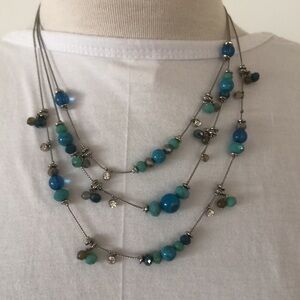 3 Strand Glass Bead Necklace With Crystals - 20 Inches Blues /greens/silver .